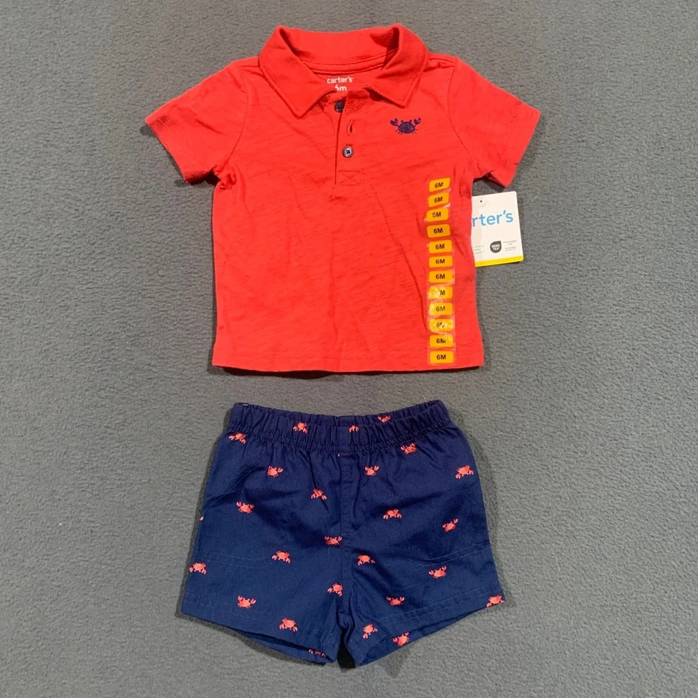 Carters Baby Boy 6M Red‎ Crab Polo Shirt and Navy Shorts 2 Piece Set NEW